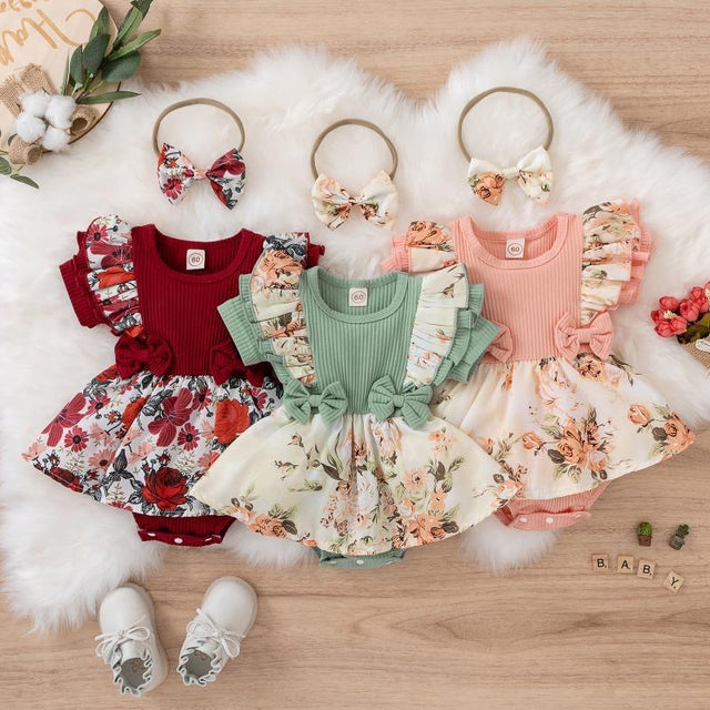 Short Sleeve Romper Dress Infant Flower Jumpsuit With Hairband