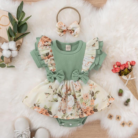 Short Sleeve Romper Dress Infant Flower Jumpsuit With Hairband