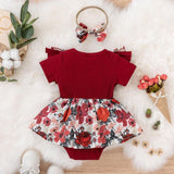 Short Sleeve Romper Dress Infant Flower Jumpsuit With Hairband