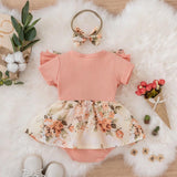 Short Sleeve Romper Dress Infant Flower Jumpsuit With Hairband