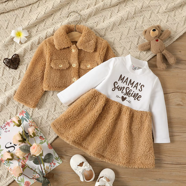 2pcs Baby Girl Thermal Fuzzy Jacket and Letter Print Long-sleeve Spliced Dress Set