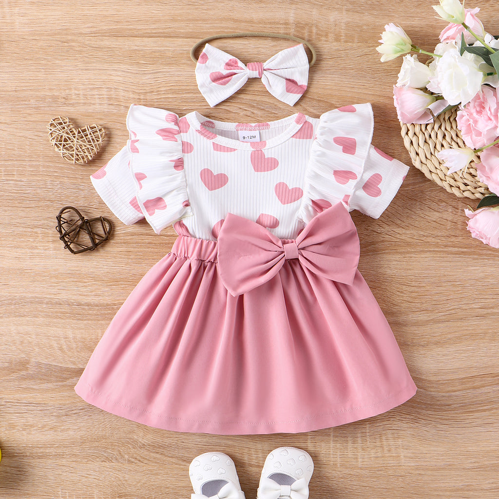2pcs Baby Girl Faux-two Flutter-sleeve Letter Print Ribbed Splicing All Over Daisy Floral Print Romper with Headband Set