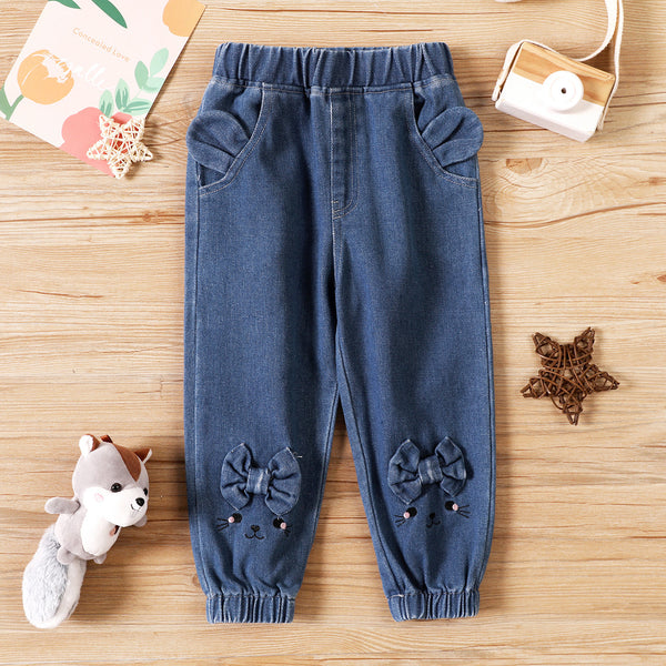 Toddler Girl Bowknot Rabbit Print Elasticized Blue Denim Jeans