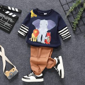 2pcs Toddler Boy Childlike Faux Layered Elephant Long-sleeve Top and Pants Set - Dark Blue / 2 Years
