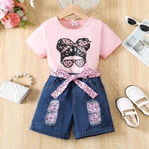 Girl's 3pcs Character Avant-garde Hole Jeans Suit