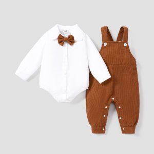 100% Cotton 2pcs Baby Boy Casual Solid Color Long Sleeve Set - Brown, 9-12 Months
