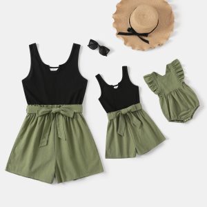 100% Cotton Ribbed and Solid Splicing Sleeveless Belted Romper for Mom and Me - Green, 3-4 Years