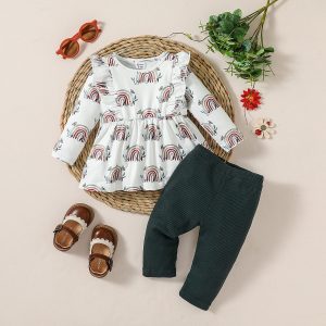 2pcs Baby Girl Allover Rainbow Print Ruffle Long-sleeve Top and Ribbed Solid Pants Set - 3-6 Months, Dark Green