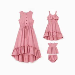 Mommy and Me Matching Pink Button Up Belted Ruffle Trim High-Low Dresses