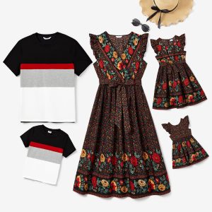 Family Matching Colorblock T-shirt and Floral Wrap Front V-neck Tiered Sleeveless Dress Set - Black / Toddler Girl: 3-4 Years