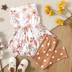 2-piece Toddler Girl Floral Print Bowknot Design Ruffled High Low Sleeveless Tee and Polka dots Pants Set - Pink, 1-2 Years