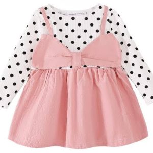 Baby Girl Polka Dots Ribbed Long-sleeve Bowknot Faux-two Dress