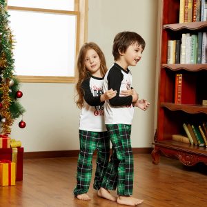 Christmas Letter Contrast Top and Plaid Pants Family Matching Pajamas Sets (Flame Resistant) - Black, Women: XL