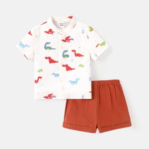 2pcs Baby Boy 100% Cotton Short-sleeve Allover Dinosaur Print Shirt and Solid Shorts Set - Light Blue, 12-18 Months
