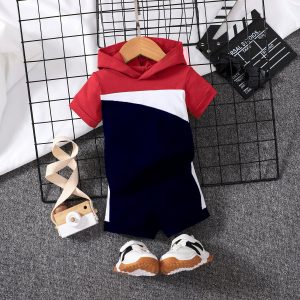 2pcs Baby Boy 95% Cotton Hooded Short - sleeve Colorblock Top & Shorts Set - MomYom PK