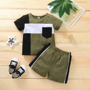 2pcs Baby Boy 95% Cotton Short - sleeve Colorblock T-shirt and Shorts Set - MomYom PK