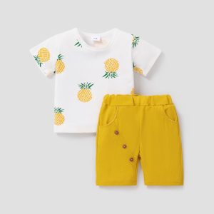 2pcs Baby Boy 95% Cotton Short-sleeve Pineapple Print Tee and Solid Shorts Set - Dark Green, 12-18 Months