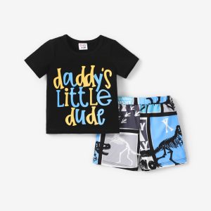 2pcs Baby Boy Cotton Short-sleeve Letter Graphic Tee and Dinosaur Print Shorts Set - White, 0-3 Months