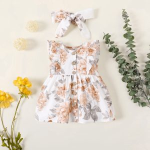 2pcs Baby Girl 100% Cotton Solid/Floral-print Sleeveless Ruffle Button Up Dress with Headband Set - White, 3-6 Months
