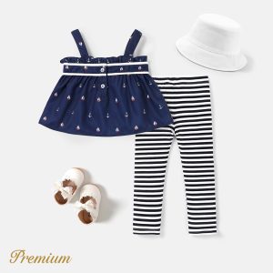 2pcs Baby Girl Anchor Sailboat Print Bow Front Cami Top and Striped Leggings Set - Dark Blue, 4-5 Years