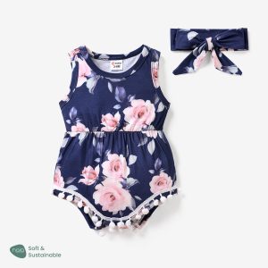 2pcs Baby Girl Floral Print Pom Poms Detail Sleeveless Naia‚Ñ¢ Romper & Headband Set - MomYom PK