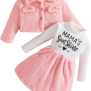 2pcs Baby Girl Thermal Fuzzy Jacket and Letter Print Long - sleeve Spliced Dress Set - MomYom PK
