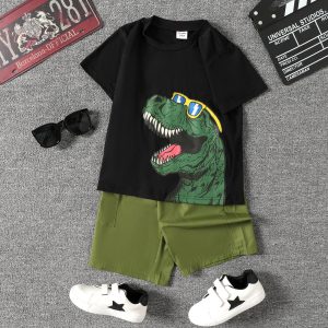 2pcs Kid Boy Dinosaur Print Short-sleeve Tee and Pocket Design Shorts Set - Yellow, 5-6 Years