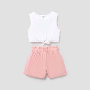 2pcs Kid Girl Tie Knot Sleeveless Tee and Elasticized Paperbag Shorts Set - Saddle Brown, 8-9 Years