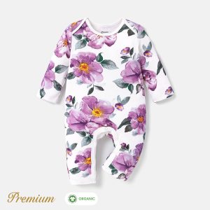 2pcs Long Sleeve Organic Cotton Baby Girl Jumpsuit Set with Big Floral Pattern - Purple, 12-18 Months