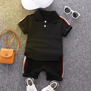2pcs Toddler Boy Casual Colorblock Striped Polo Shirt and Shorts Set - Light Grey, 5-6 Years