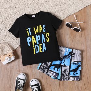 2pcs Toddler Boy Letter Print Short - sleeve Black Tee and Dinosaur Print Colorblock Shorts Set - MomYom PK