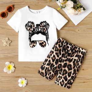2pcs Toddler Girl Figure Print Short-sleeve Tee and Leopard Print Shorts Set - Brown, 4-5 Years