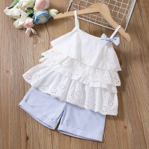 2pcs Toddler Girl Sweet 100% Cotton Bowknot Design Layered Camisole and Stripe Shorts Set - White, 3-4 Years