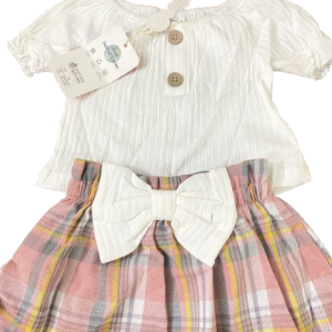 2pcs Baby Girl Ribbed Front Buttons Ruffle Puff-sleeve Top and Bow Decor Plaid Skirt Set