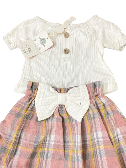2pcs Baby Girl Ribbed Front Buttons Ruffle Puff-sleeve Top and Bow Decor Plaid Skirt Set