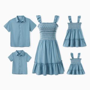Family Matching Sets Solid Color Shirt or Shirred Top Geometric Design Ruffle Hem Strap Dress - Blue, 3-6 Months