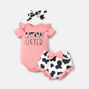 3pcs Baby Girl Cotton Short - sleeve Letter Graphic Romper and Cow Print Naia‚Ñ¢ Shorts & Headband Set - MomYom PK