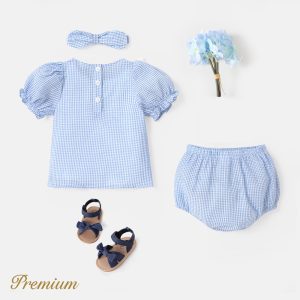 3pcs Baby Girl Letter Embroidered Square Neck Plaid Top and Shorts and Headband Set - Sky Blue, 3-6 Months