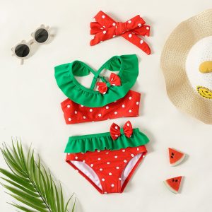 3pcs Baby Girl Polka Dots Bow Decor Colorblock Ruffle Two - piece Swimsuit & Headband Set - MomYom PK