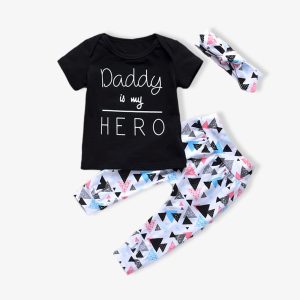 3pcs Letter and Geometric Print Baby Set - White, 6-9 Months