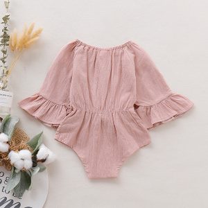 100% Cotton Solid Bowknot Decor Long-sleeve Baby Romper - Bisque, 0-3 Months