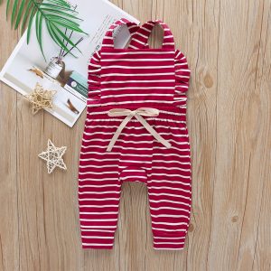 Stripe Print Ruffle Decor Sleeveless Baby Jumpsuit - Blue, 9-12 Months