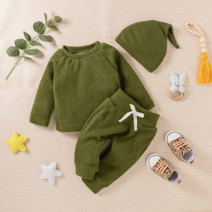 Baby Boy/Girl 3pcs Solid Ribbed Long-sleeve Pullover and Trouser Set - Bisque, 6-9 Months