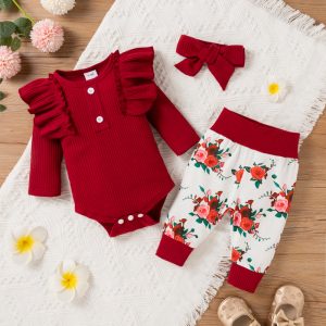 Baby Girl 3pcs Ribbed Rose Floral Print Long Sleeve Romper Set - Purple, 18-24 Months