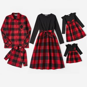 Family Matching Red Plaid Shirts and Black Long-Sleeve Splicing Red Plaid Dresses Sets - Black, 3-6 Months