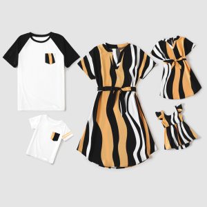 Family Matching Striped V Neck Short-sleeve Belted Dresses and Raglan-sleeve T-shirts Sets - Black / Men: L