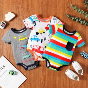 Baby Boy Cartoon Vehicle Print Grey/White/Colorful Striped Short-sleeve Romper - Orange, 12-18 Months