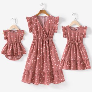 All Over Dots Pink Cross Wrap V Neck Ruffle Flutter-sleeve Dress for Mom and Me - Pink, 6-7 Years