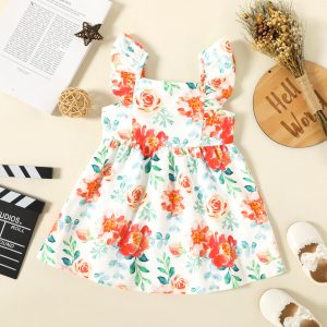 Toddler Girl Floral Print/Coral Red Square Neck Button Design Flutter-sleeve Dress - Coral, 18-24 Months