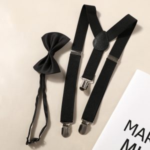 Pure Color Adjustable Elastic Suspender and Bow Tie Set for Boys and Girls